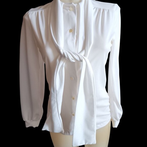 Vintage Women's Small Blouse Top 1970s White Secretary Tie Neck Stretch Granny - Picture 2 of 6